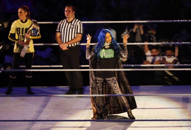 WWE摔角女将Sasha Banks疑似不满公司安排而在转播中途离场。（达志影像）