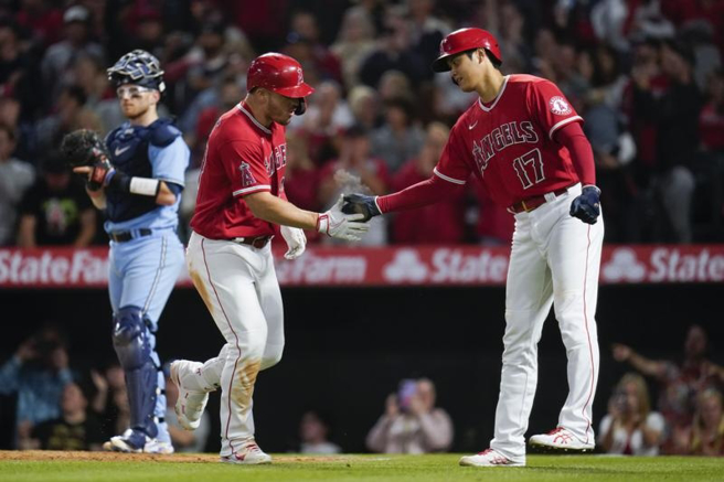 天使队大谷翔平祝贺卓奥特轰出全垒打。（美联社）